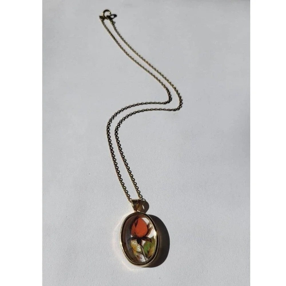 Oval Pendant Necklace with Orange Rose and Butterflies Vintage Brass Chain